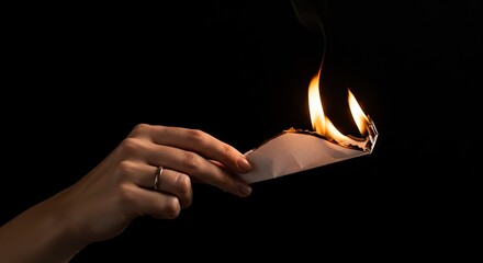 Hand holds burning paper against a black backdrop with flames and smoke clearly visible