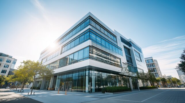 Modern glass office tower with clean lines in a business district, symbolizing professionalism and urban sophistication