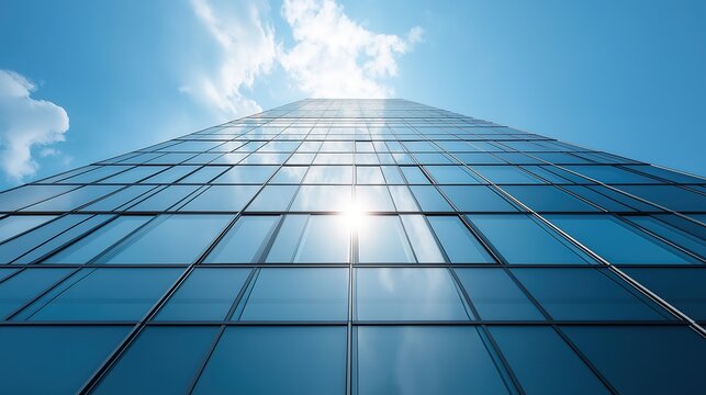 Modern glass office tower with clean lines in a business district, symbolizing professionalism and urban sophistication