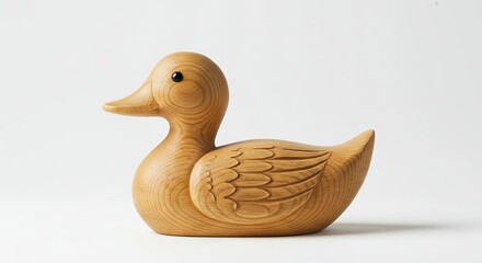 Wooden duck figurine featuring a smooth texture and detailed wing carving against a plain bright backdrop