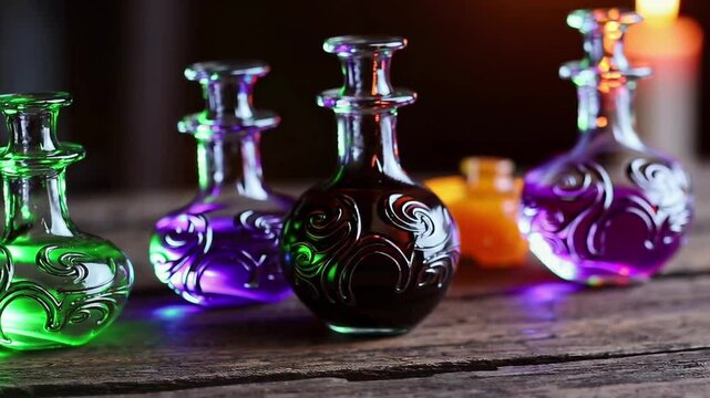 Colorful glass potion bottles illuminated by candlelight in a rustic setting