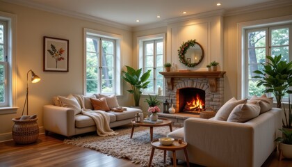 Cozy Living Room with Fireplace and Soft Textiles Surrounded by Natural Light and Greenery