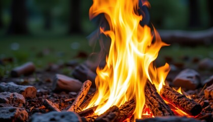 Dancing Flames of a Campfire Surrounded by Logs in a Serene Outdoor Setting at Dusk