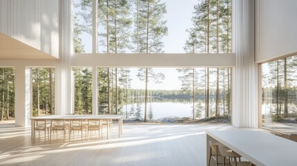 Fototapeta premium Expansive modern interior with lake views.