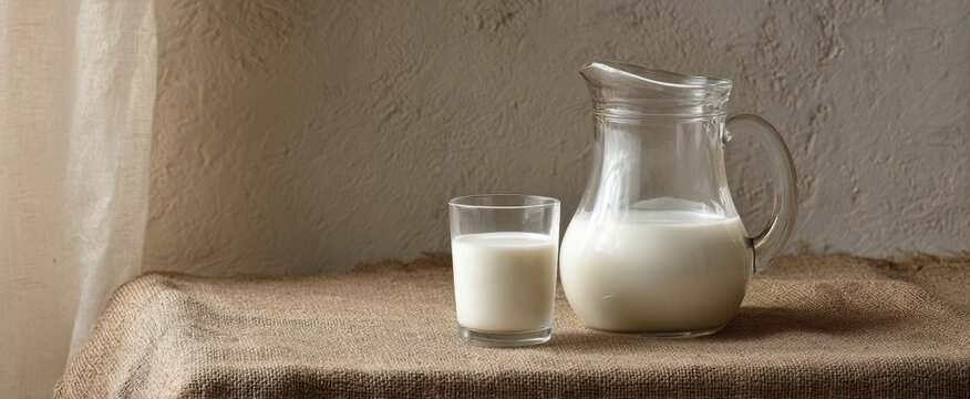 The glass and pitcher of fresh milk on a rustic table.
