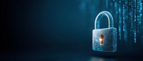 Floating holographic lock with glowing keyhole and digital code background, symbolizing cybersecurity and data protection in futuristic style