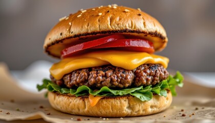 Close-Up of a Delicious Cheeseburger with Fresh Lettuce and Tomato on a Wooden Surface