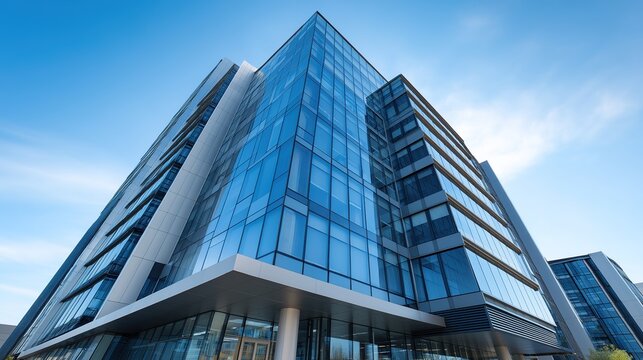 Modern glass office tower with clean lines in a business district, symbolizing professionalism and urban sophistication