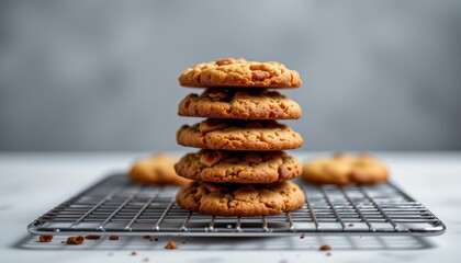 Close-Up of Freshly Baked Cookies Stacked on a Cooling Rack with a Soft Gray Background