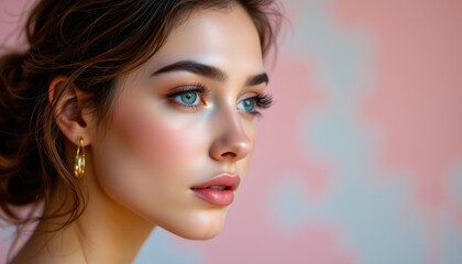 Close-Up Portrait of a Young Woman with Bright Blue Eyes and Glowing Skin in a Soft Colorful Background