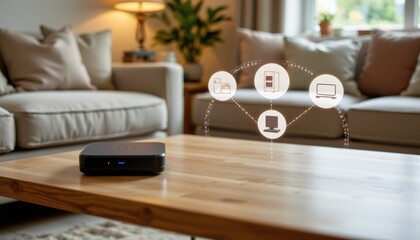 Smart Home Technology Device on a Wooden Table in a Cozy Living Room with Modern Furniture