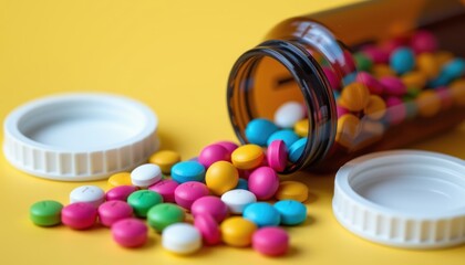 Colorful Pills and Capsules Spilling from Brown Bottle Against Bright Yellow Background