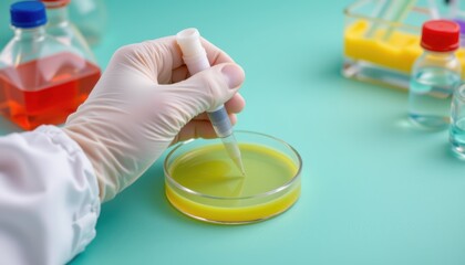 Scientist Using Pipette to Transfer Yellow Liquid in Petri Dish Inside a Modern Laboratory