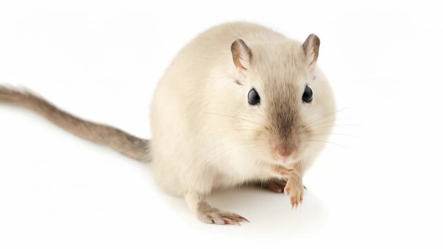 Pale gerbil sitting alert with detailed fur texture. Small rodent with large dark eyes positioned on white background. Whiskers visible, ears perked.