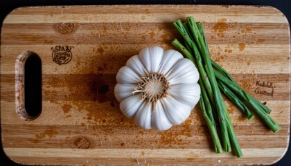 Fresh Garlic Bulb and Green Onions on a Wooden Cutting Board in a Bright Kitchen Setting