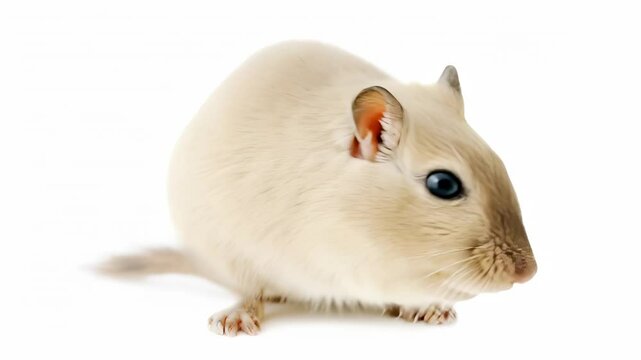 Light-colored gerbil sitting alert with detailed fur texture, blue eye visible, small paws gripping surface, tail extended.