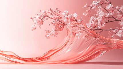 Dynamic cherry blossom petals flowing in pink liquid wave against pastel background creating artistic motion