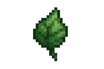 Green pixelated leaf symbolizing nature, growth, and ecology on a transparent background, ideal for digital art projects