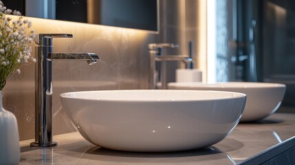 Modern dual vessel sinks and chrome faucet on wooden vanity under warm ambient bathroom lighting