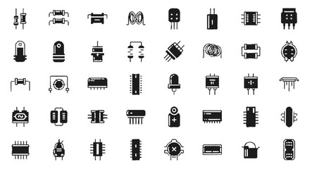 A collection of various electronic components, presented in a black and white, flat design.