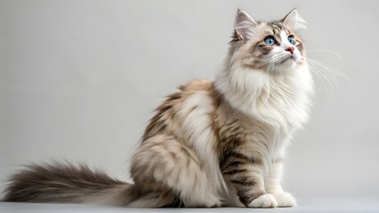 Fototapeta premium A beautiful ragdoll cat sitting upright with blue eyes looking up against a plain light background