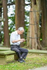 In rural Japan, a Japanese man in his late 70s sits at a peaceful countryside shrine, wearing a white shirt and hat. He uses his smartphone, surrounded by lush greenery in the early summer sunlight.