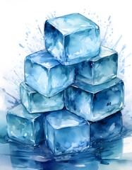 A pile of glistening blue ice cubes is shown with water splashes, evoking a sense of intense cold and refreshment