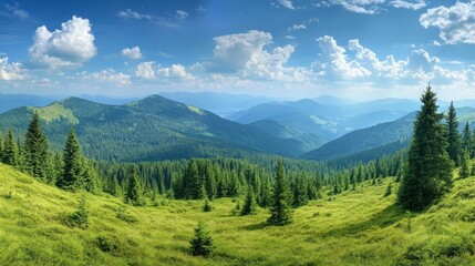 Fototapeta premium Lush green mountain meadow under a vibrant blue sky.