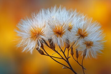 Obraz premium Fluffy seed cluster of a chicory plant drifting away on a golden yellow background
