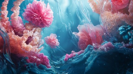 Underwater scene of pink coral and jellyfish drifting amid ethereal blue ocean currents and bubbles