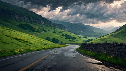 Fototapeta premium Dramatic Mountain Road: Winding Path Through Green Valleys Under Stormy Skies