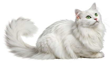 A fluffy white cat with green eyes lying down and looking up on a white background in studio shot