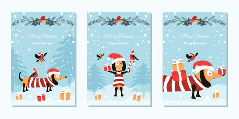 A set of winter greeting cards. Fashionable minimalistic design with a funny dachshund in a Santa Claus hat and with gifts. Vector template for a poster, banner, or holiday cover.