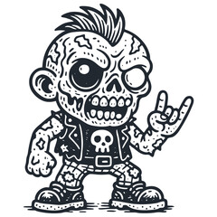 Cartoon zombie punk vector. Undead character with mohawk, skull vest, making rock hand sign. Retro monochrome linocut style illustration. Fun, edgy monster.