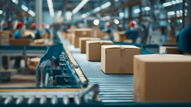 Carton boxes moving on conveyor belt in modern factory warehouse. Logistic shipping system. Automated sorting production facility footage.
