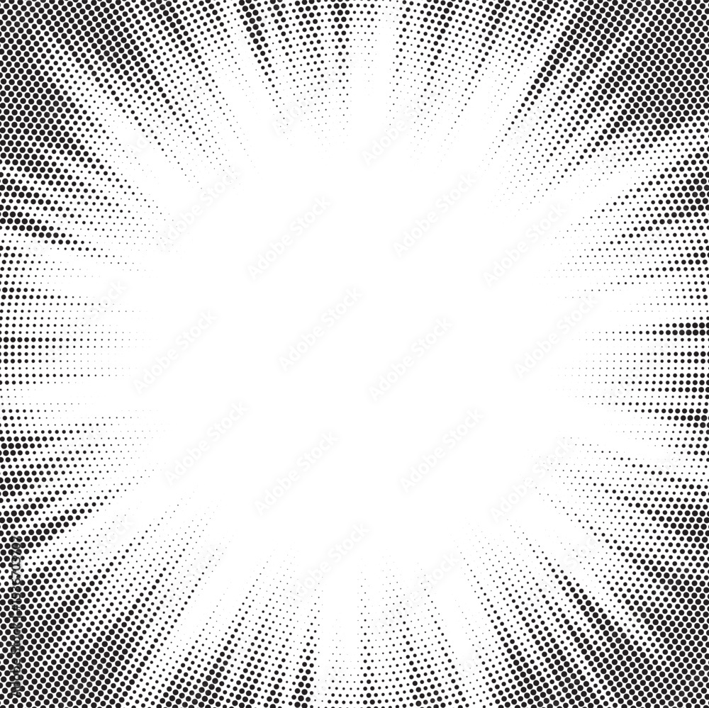 Aufkleber Halftone gradient sun rays pattern. Abstract halftone vector dots background. monochrome dots pattern. Vector background in comic book style with sunburst rays and halftone. Retro pop art design.