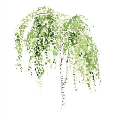 Fototapeta premium Green weeping birch tree illustration watercolor art.