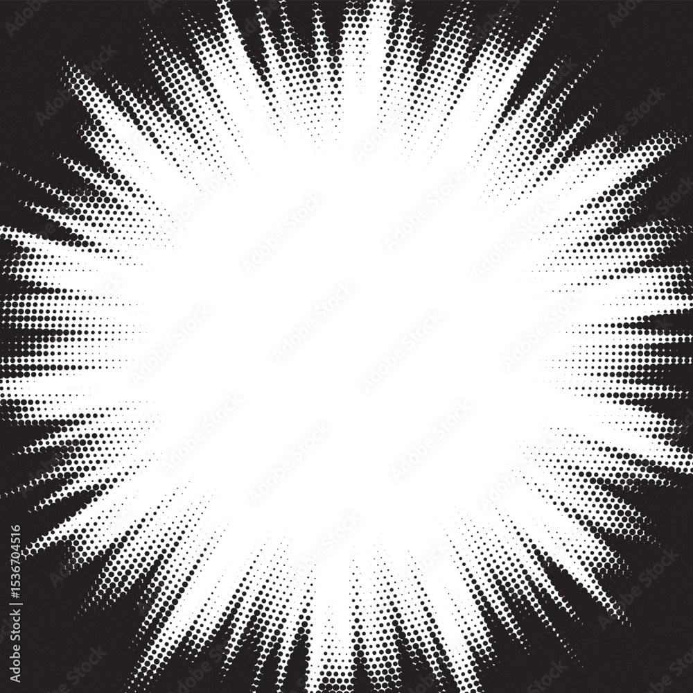 Poster halftone gradient sun rays pattern. abstract halftone vector dots background. monochrome dots patter