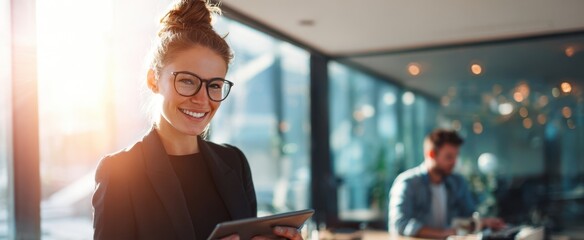 The confident businesswoman holding a tablet in a modern office environment.