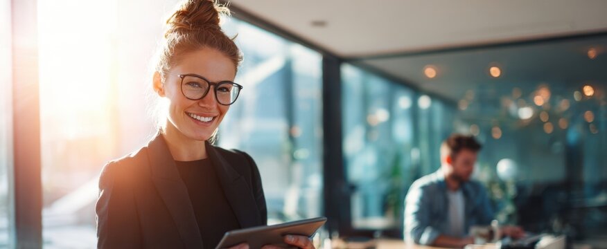 The confident businesswoman holding a tablet in a modern office environment.