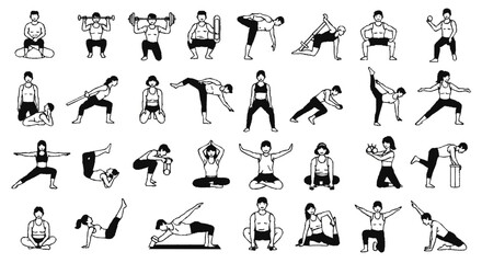 Diverse group of people performing various exercise and yoga poses.