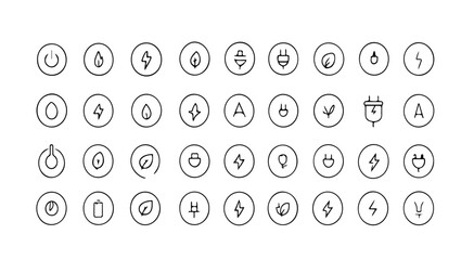 Assortment of hand drawn energy and power icons arranged in a grid pattern on white background