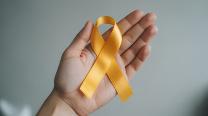 Close up of hand holding yellow ribbon symbolizing World Hepatitis Day awareness