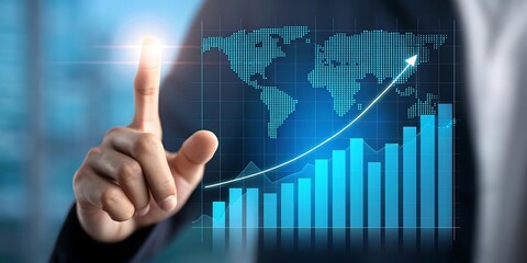Global business growth chart with hand pointing to the future