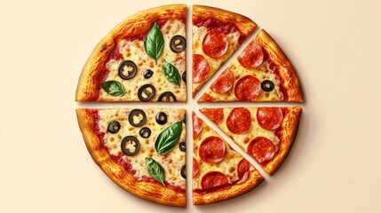 Delicious Pizza Slices Pepperoni, Olives and Basil, Pizza Recipe, Food Photography Pizza, Food