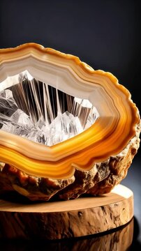 Polished agate slice with crystalline geode center on wooden stand against dark backdrop, mineral specimen exhibiting colorful bands and natural beauty.