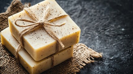 Artisanal soap bars stacked tied with twine on rustic fabric over textured dark stone surface