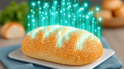 Glowing Bread with Digital Light Effects on a Plate