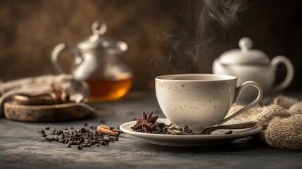 Fototapeta premium Rustic tea cup on saucer surrounded by spices cinnamon sticks vintage teapot under warm light