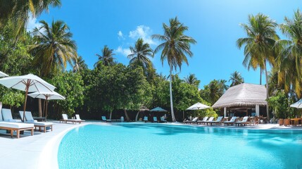 Tropical resort pool area with lush vegetation and beach umbrellas.